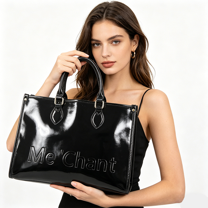 Structured Handbag Work - Женская черная глянцевая сумка-тоут из искусственной